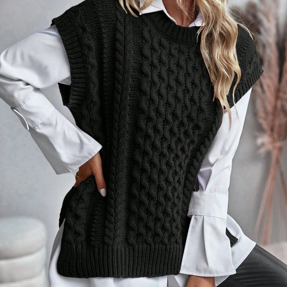 Black Casual Women's Cable Knitted Sleeveless Sweater Vest - Picture 4 of 6